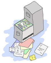 A file cabinet with files scattered on the ground