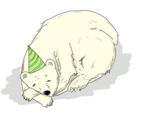 A sleeping polar bear with a birthday hat