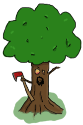 An angry tree with an axe